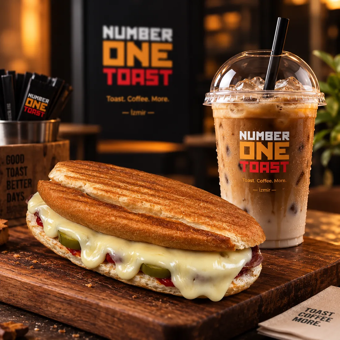 Tahta tepside közlenmiş Number One Toast tostu ve buzlu kahvesi